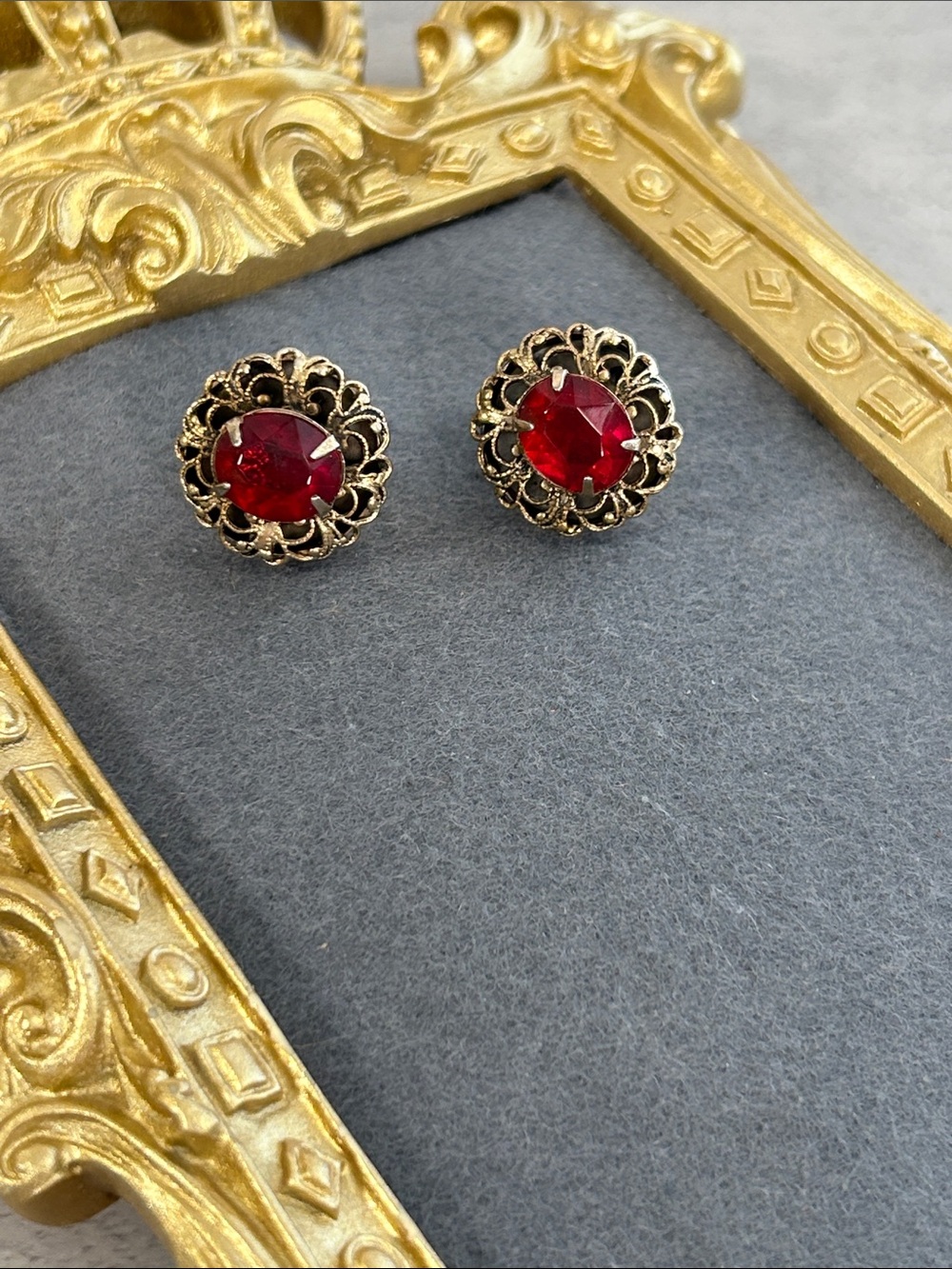 Vintage Gold Floral Screw Back Earrings with Red Glass Gemstones
